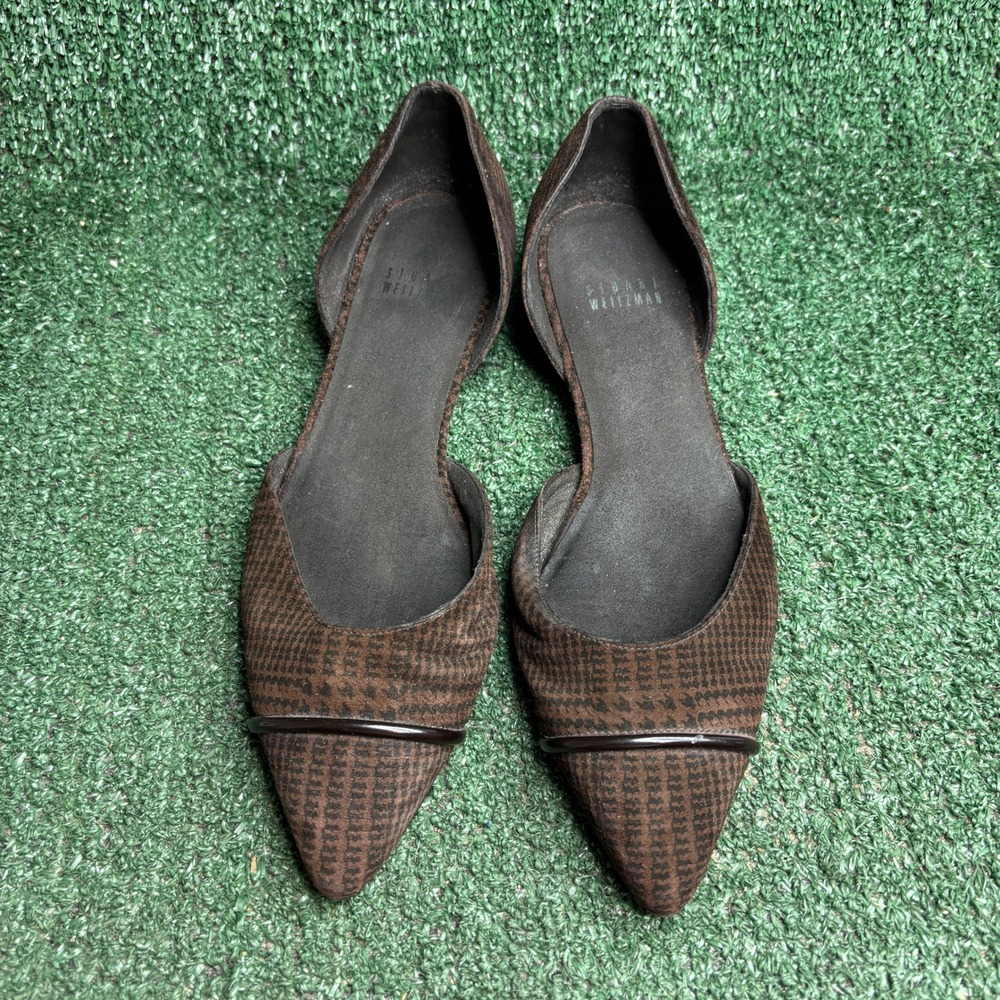 Stuart Weitzman Pointed Houndstooth D'Orsay Creer Flat Shoes Brown Womens Sz 7M